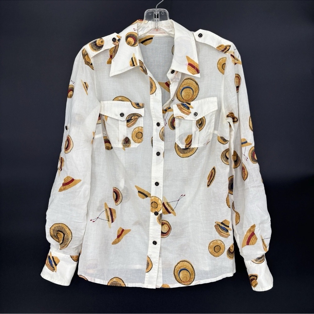 Tory Burch Brigitte Sun Hat Print  Long Sleeve Buttons Front Blouse‎ Size 2
